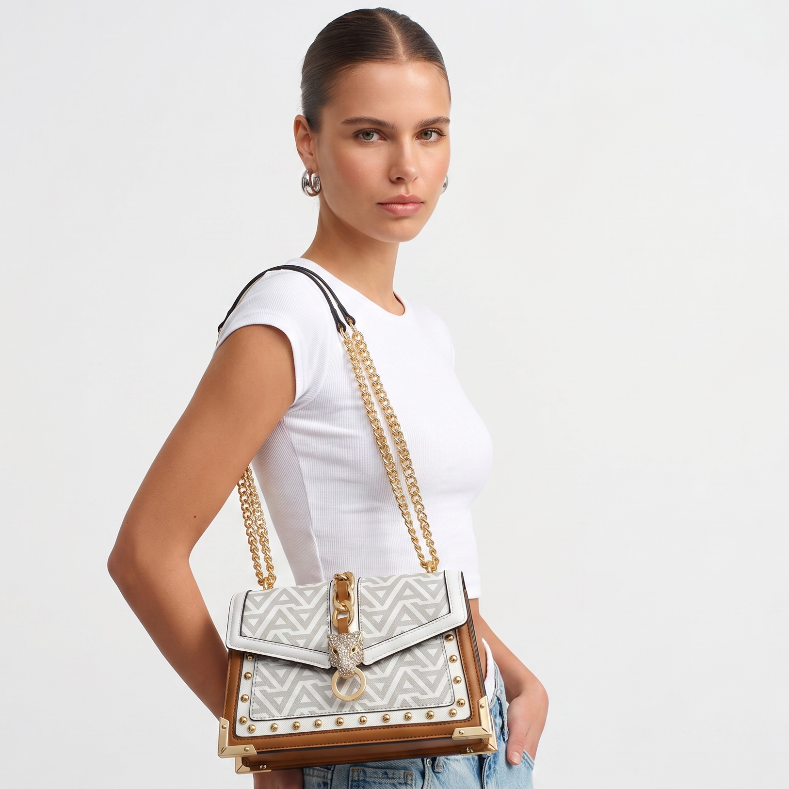 ALDO Leopard Head Chain Shoulder Bag – White & Gold 🐆✨ | Statement Chic