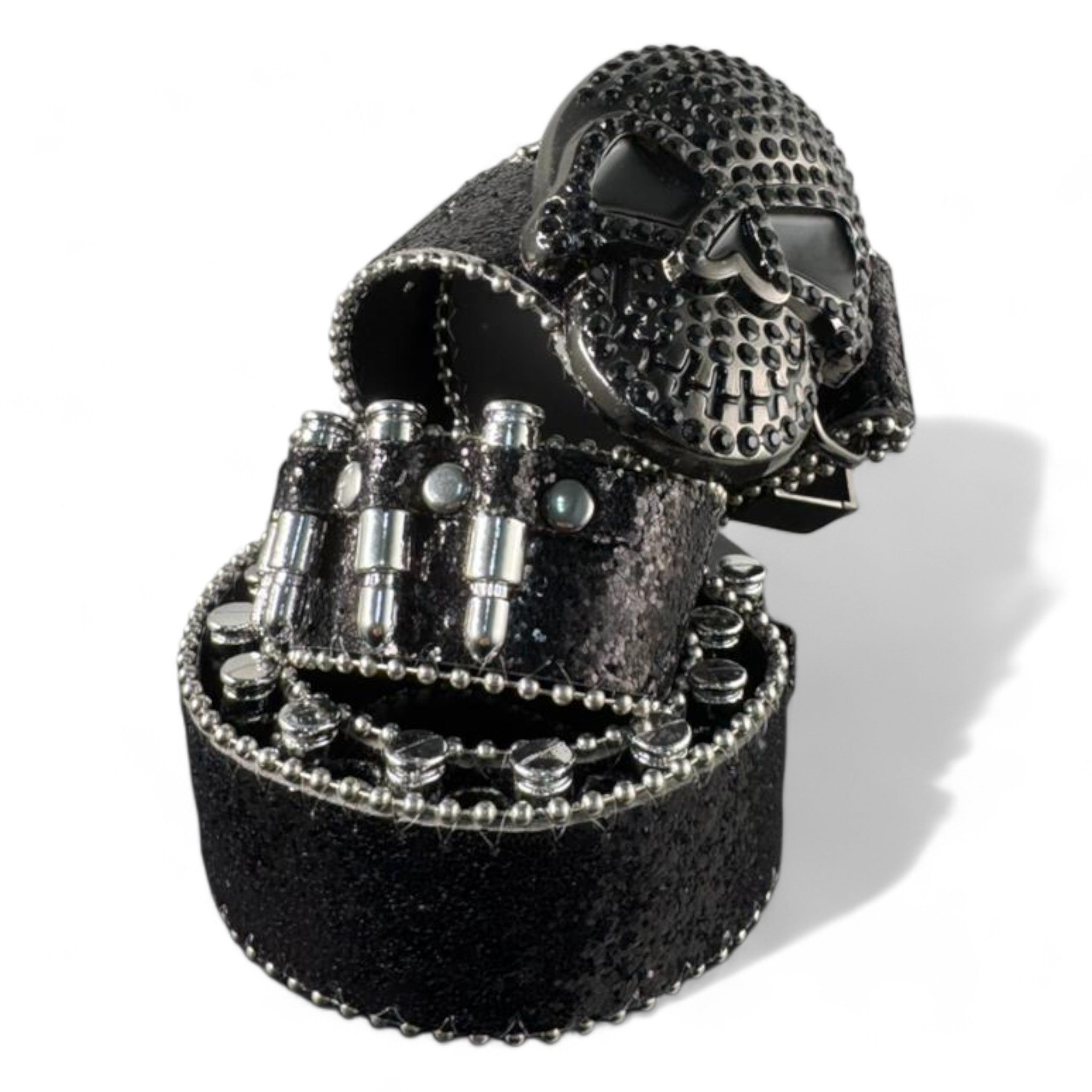 X Studded Black Skull Design Leather Belt