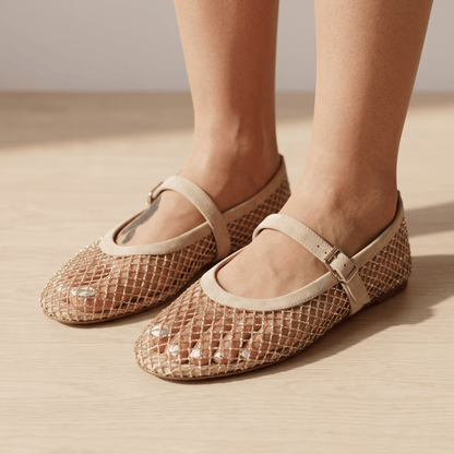 ✨ Alaïa Mesh Mary Jane Ballet Flats – Gold Beige