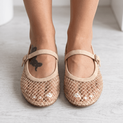 ✨ Alaïa Mesh Mary Jane Ballet Flats – Gold Beige