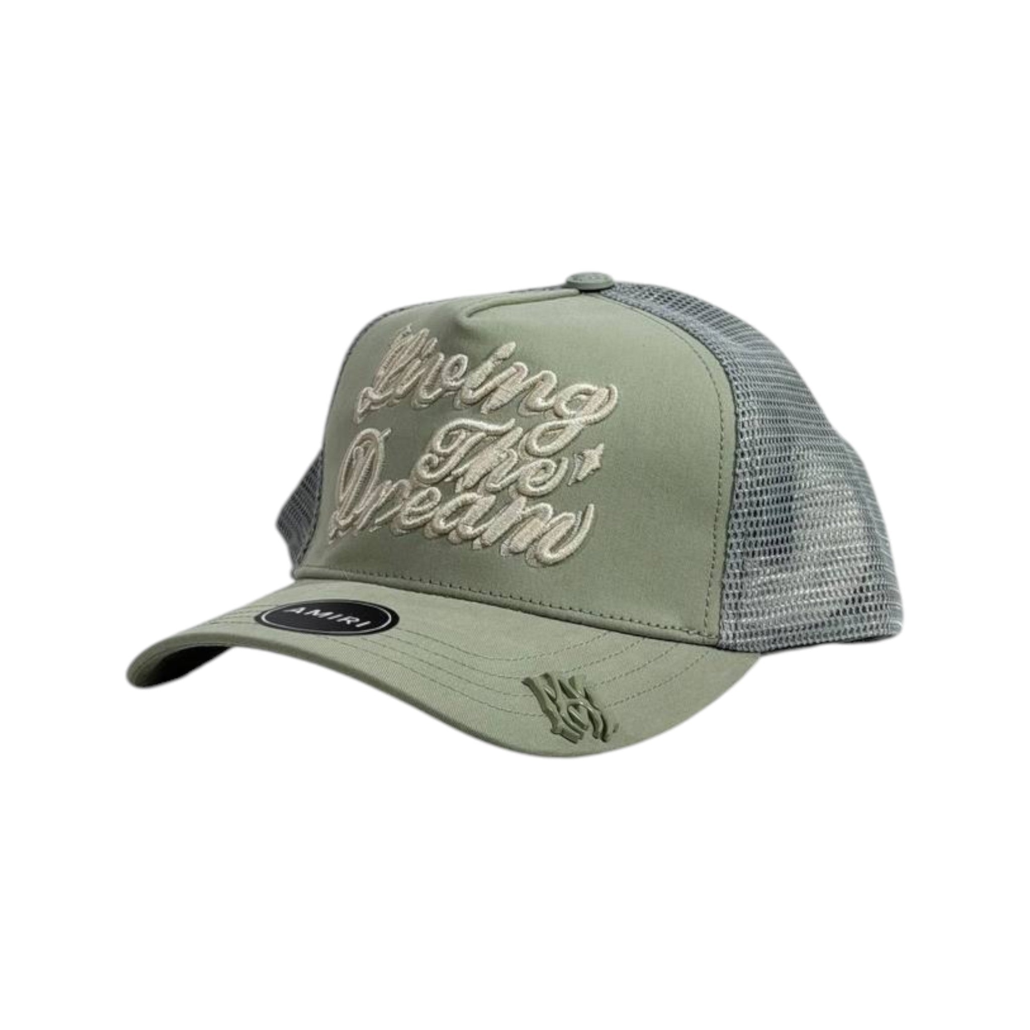 Amiri “Living The Dream” Trucker Cap – Olive Green Mesh Streetwear 🧢🫒