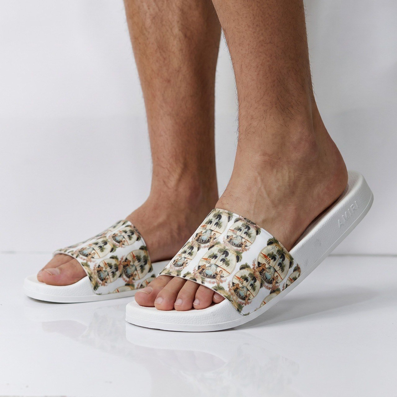Amiri Tropical Print Slide Sandals – Luxury Designer White Unisex Comfort Slides