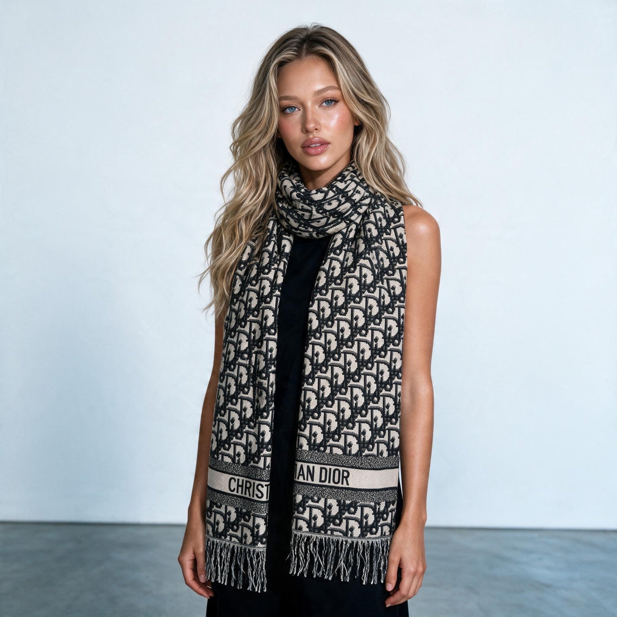 Dior Logo Wrap Scarf — Black & Beige
