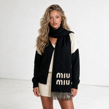 Miu Miu Logo Fringe Scarf — Black