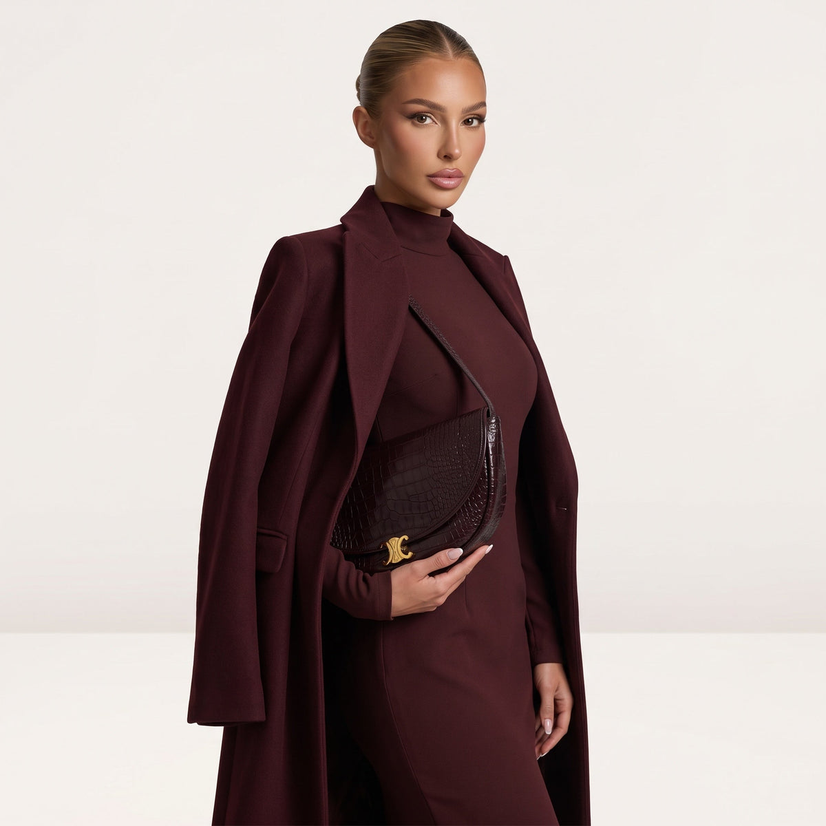 Celine Croc Triomphe Little Halfmoon Bag — Burgundy