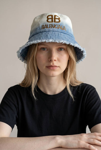 Balenciaga BB Logo Bucket Hat – Gradient Denim Frayed Edge Luxury 🧢✨