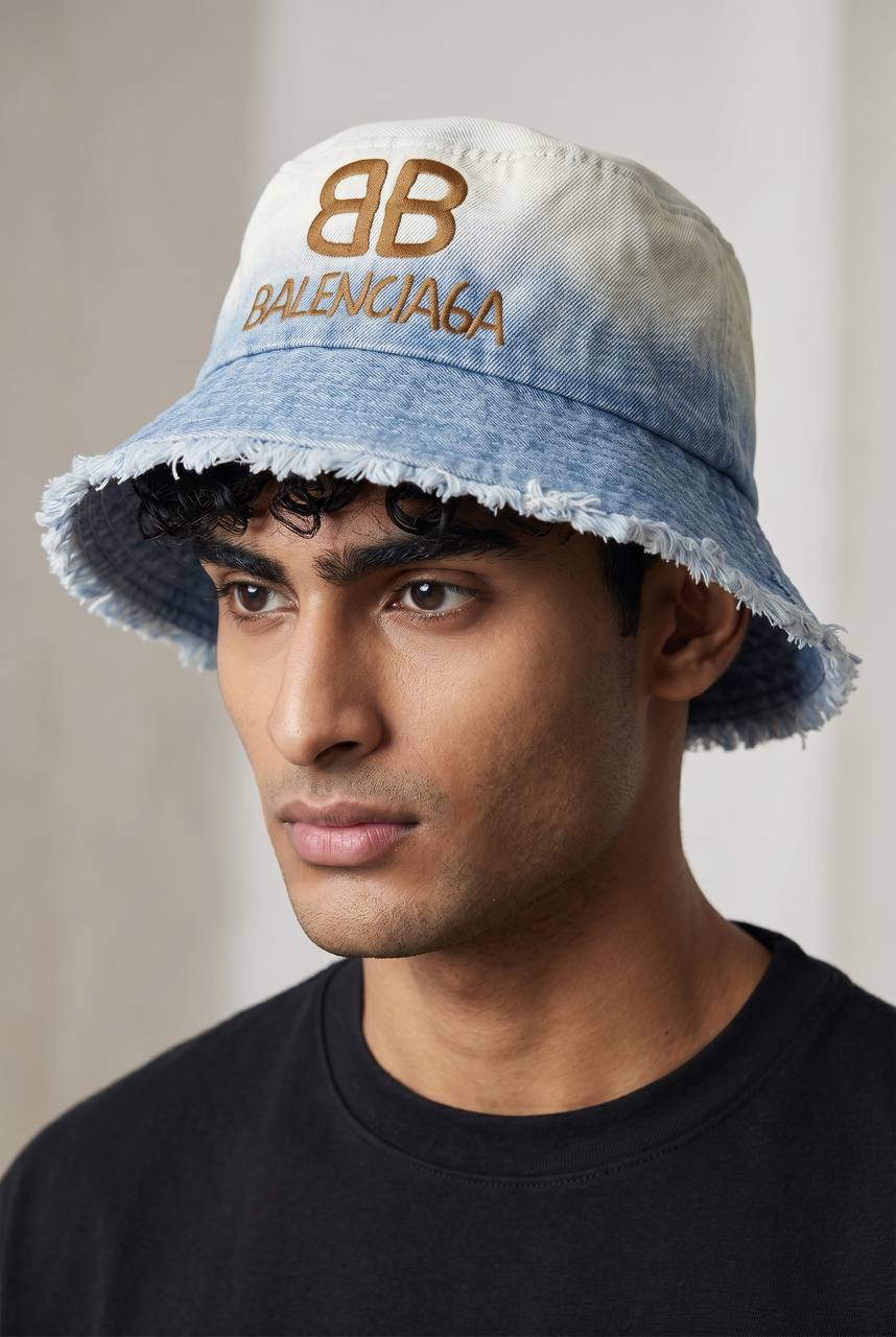 Balenciaga BB Logo Bucket Hat – Gradient Denim Frayed Edge Luxury 🧢✨
