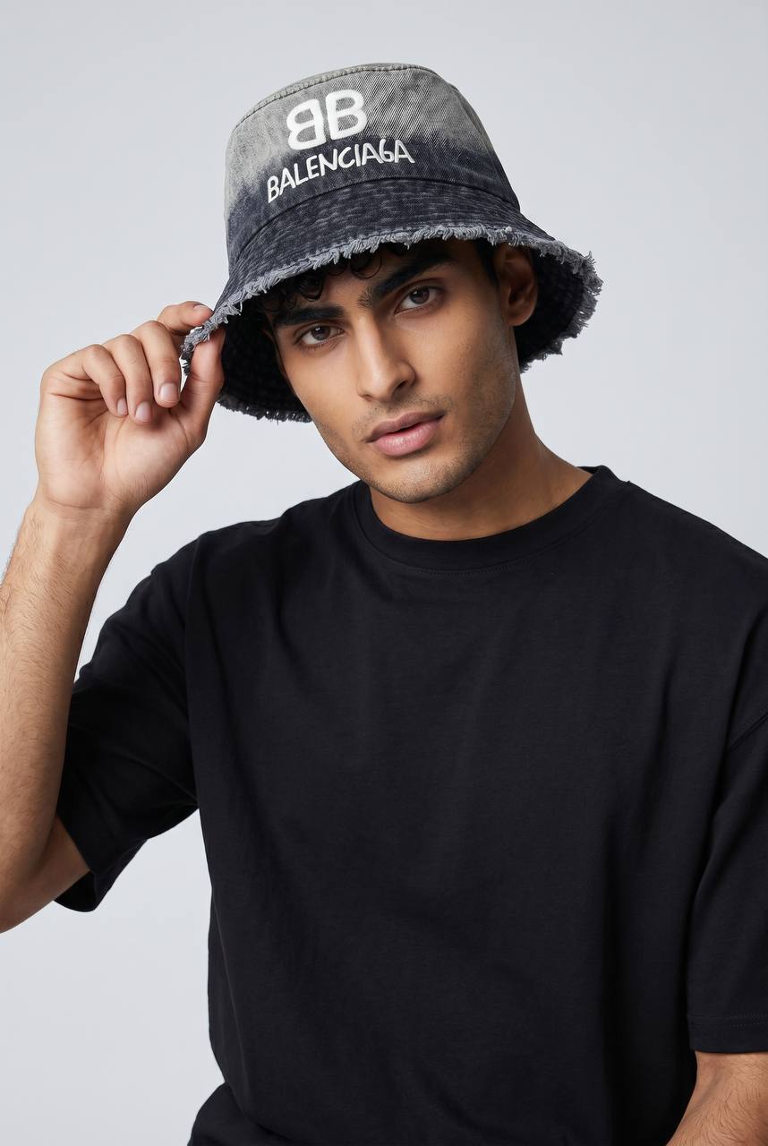 Balenciaga BB Logo Bucket Hat – Washed Grey Denim Edition 🧢🔥