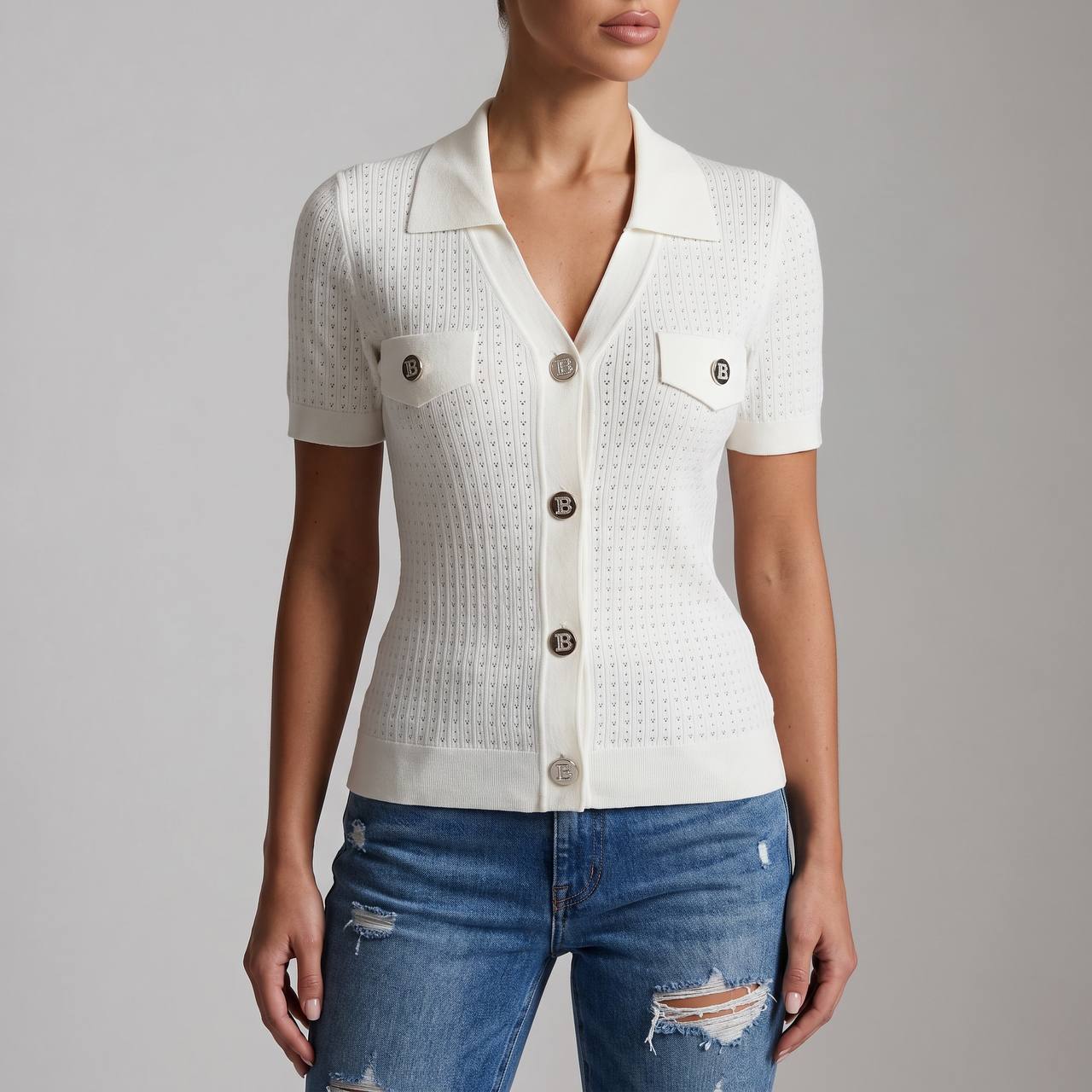 Balmain Cream Knit Short-Sleeve Cardigan with Silver Logo Buttons 🤍✨