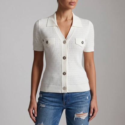 Balmain Cream Knit Short-Sleeve Cardigan with Silver Logo Buttons 🤍✨