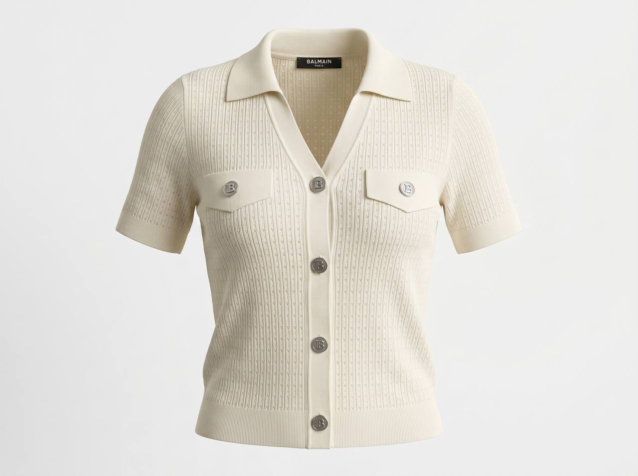 Balmain Cream Knit Short-Sleeve Cardigan with Silver Logo Buttons 🤍✨