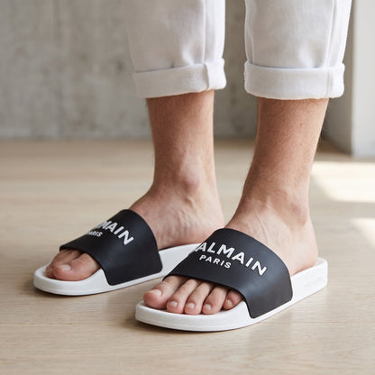 Balmain Logo Slide Sandals – Black & White 🖤✨