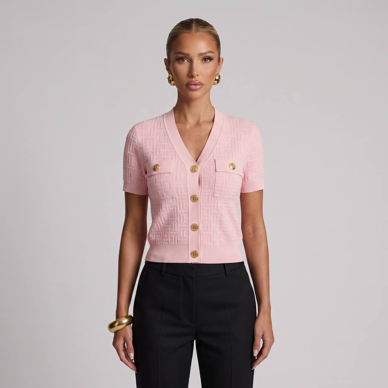 Balmain Pink Monogram Knit Cardigan Shirt with Gold Buttons 🌸✨