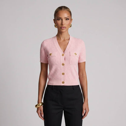 Balmain Pink Monogram Knit Cardigan Shirt with Gold Buttons 🌸✨