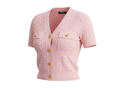 Balmain Pink Monogram Knit Cardigan Shirt with Gold Buttons 🌸✨
