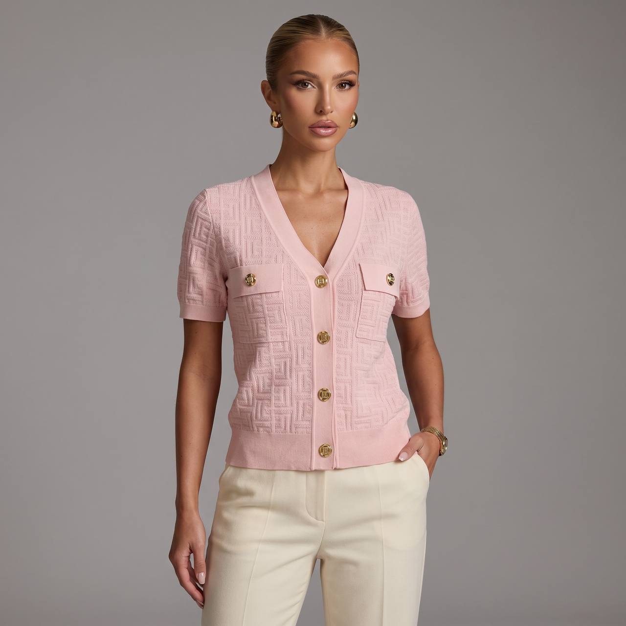 Balmain Pink Monogram Knit Cardigan Shirt with Gold Buttons 🌸✨