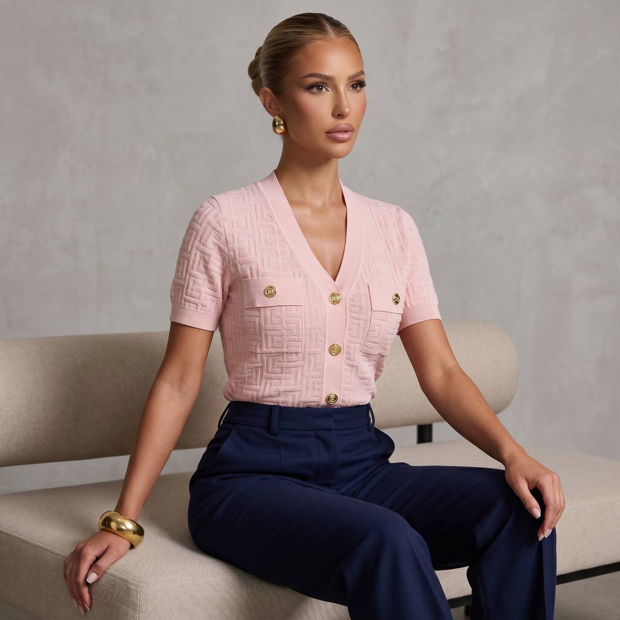 Balmain Pink Monogram Knit Cardigan Shirt with Gold Buttons 🌸✨