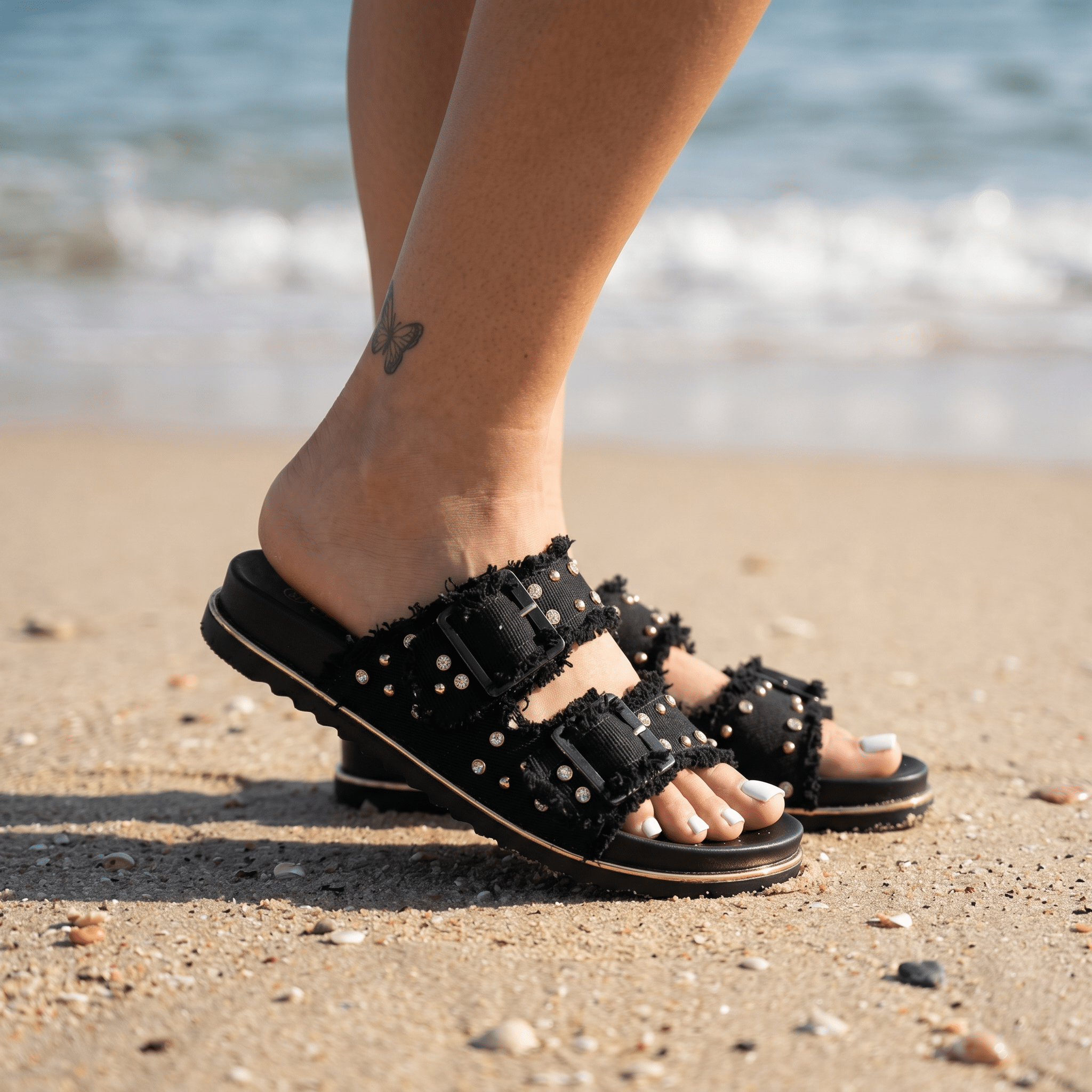 Boho Luxe Black Studded Double-Strap Slide Sandals 🖤✨👡
