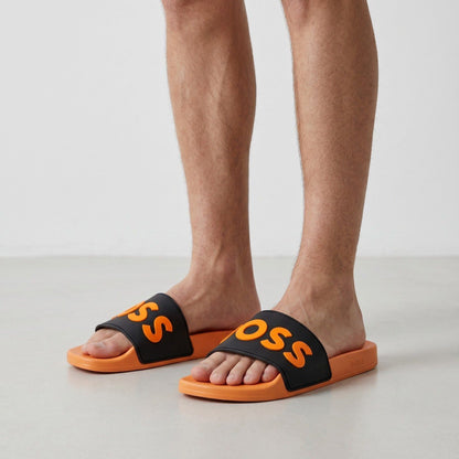 🧡🖤 BOSS Logo Slide Sandals – Premium Men's Casual Slides