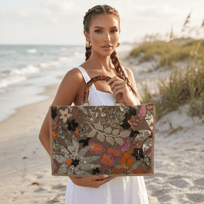 Botanical Embroidered Bamboo Handle Tote 🌿🌸👜