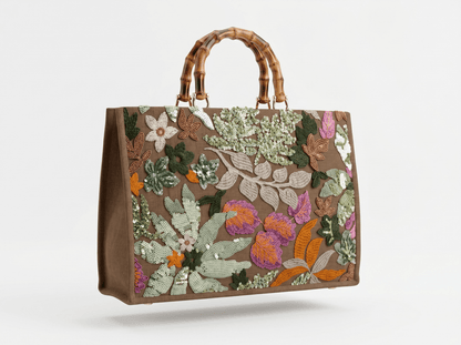 Botanical Embroidered Bamboo Handle Tote 🌿🌸👜