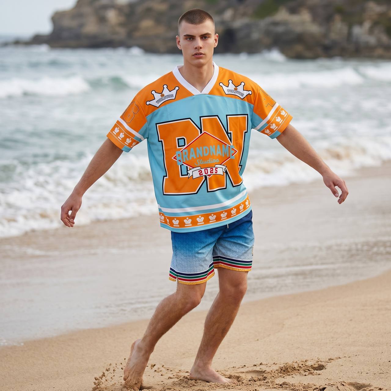 👑 Brandname Studios Oversized Varsity Jersey – Premium Streetwear Edition 💙🧡