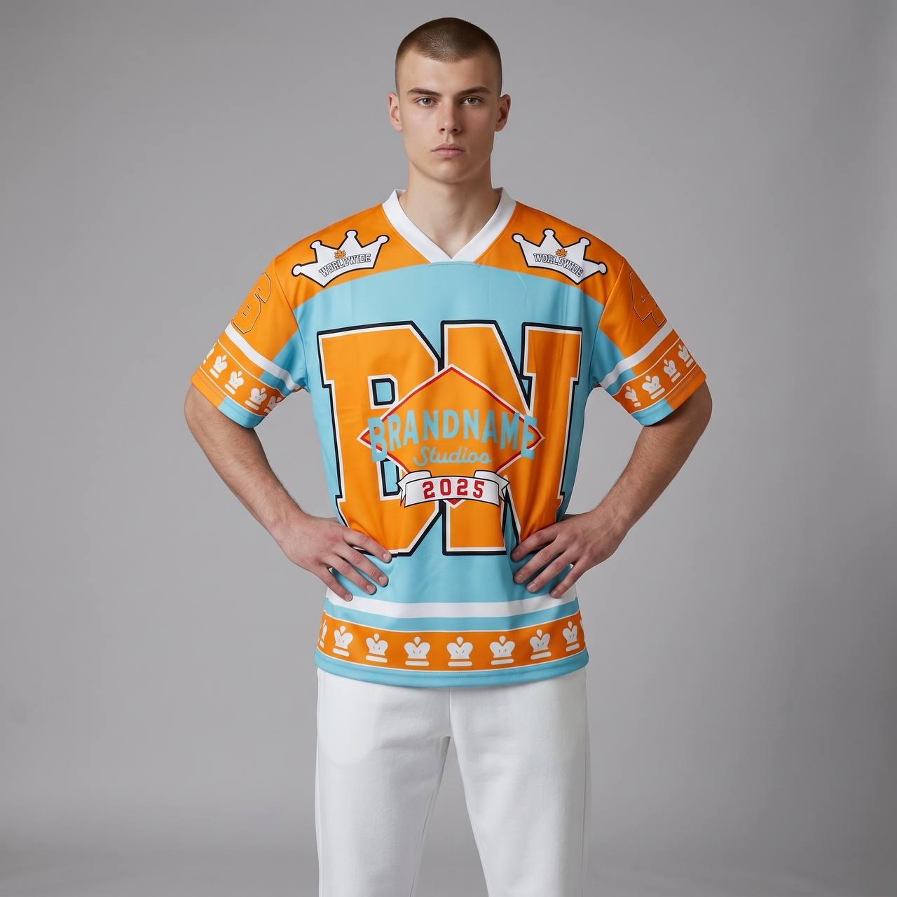 👑 Brandname Studios Oversized Varsity Jersey – Premium Streetwear Edition 💙🧡
