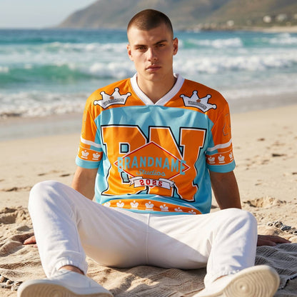 👑 Brandname Studios Oversized Varsity Jersey – Premium Streetwear Edition 💙🧡