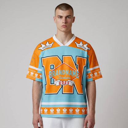 👑 Brandname Studios Oversized Varsity Jersey – Premium Streetwear Edition 💙🧡