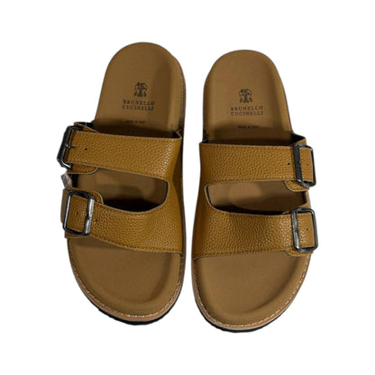 Brunello Cucinelli Tan Double Strap Slides – Premium Italian Comfort Sandals 🤎🇮🇹