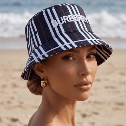 Burberry Striped Bucket Hat – Navy Multi 🖤🤍