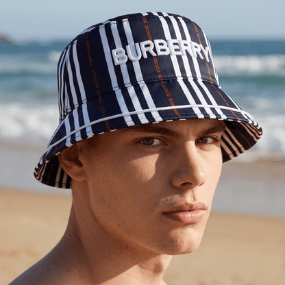 Burberry Striped Bucket Hat – Navy Multi 🖤🤍