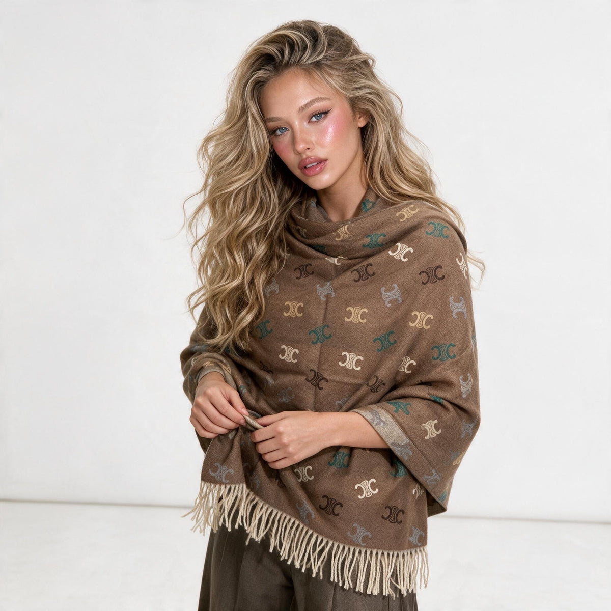 Celine Triomphe Fringe Shawl — Brown