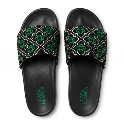 Casablanca Geometric Embroidered Terry Cloth Slides – Black & Green