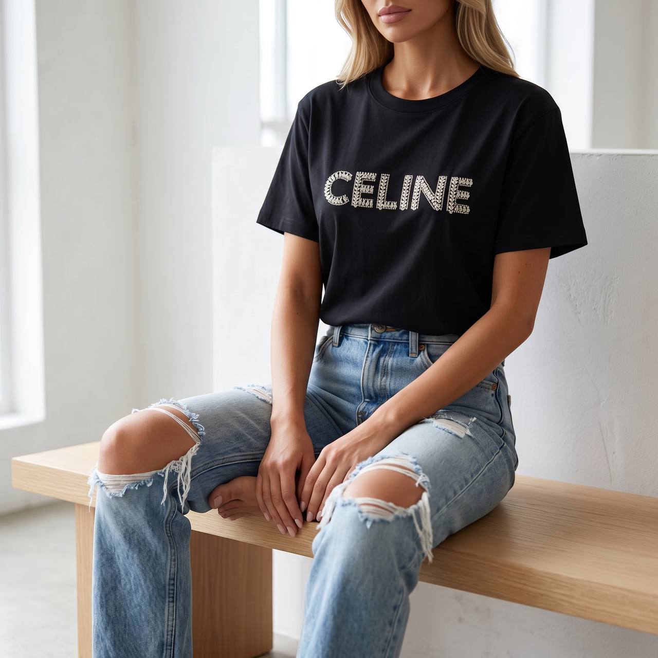 Celine Black Rhinestone Logo T-Shirt 🖤✨💎