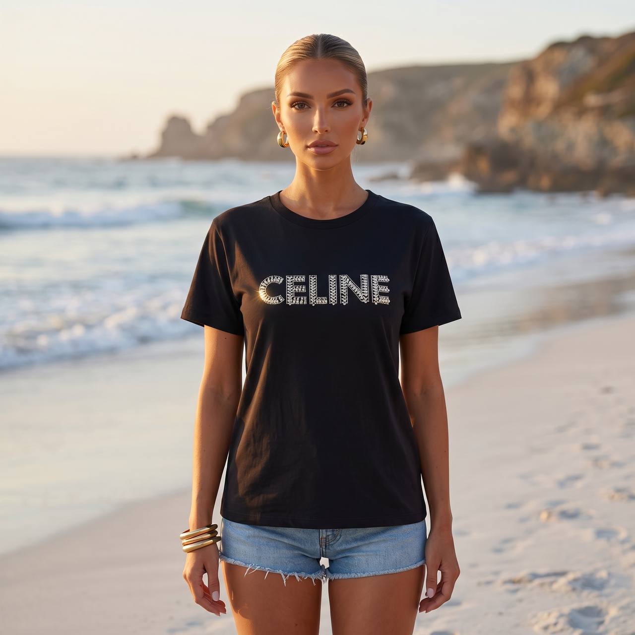 Celine Black Rhinestone Logo T-Shirt 🖤✨💎