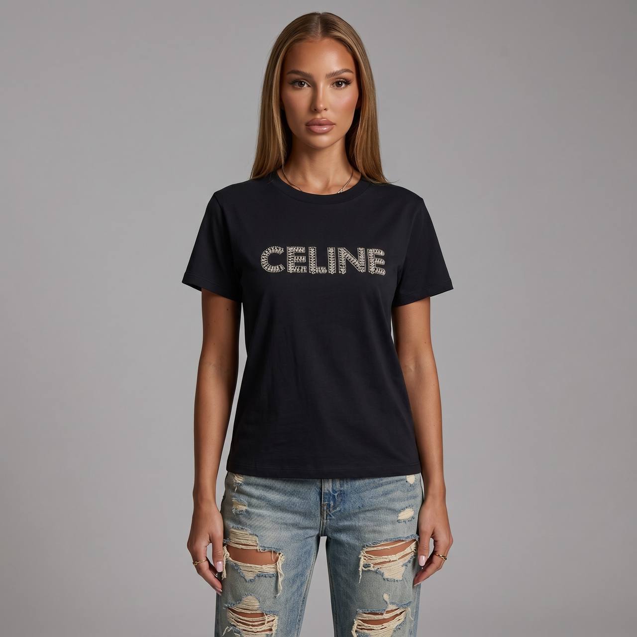 Celine Black Rhinestone Logo T-Shirt 🖤✨💎