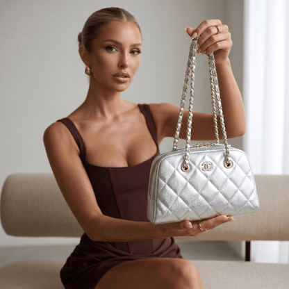 Chanel Metallic Silver Quilted Chain Bowling Bag ✨🩶