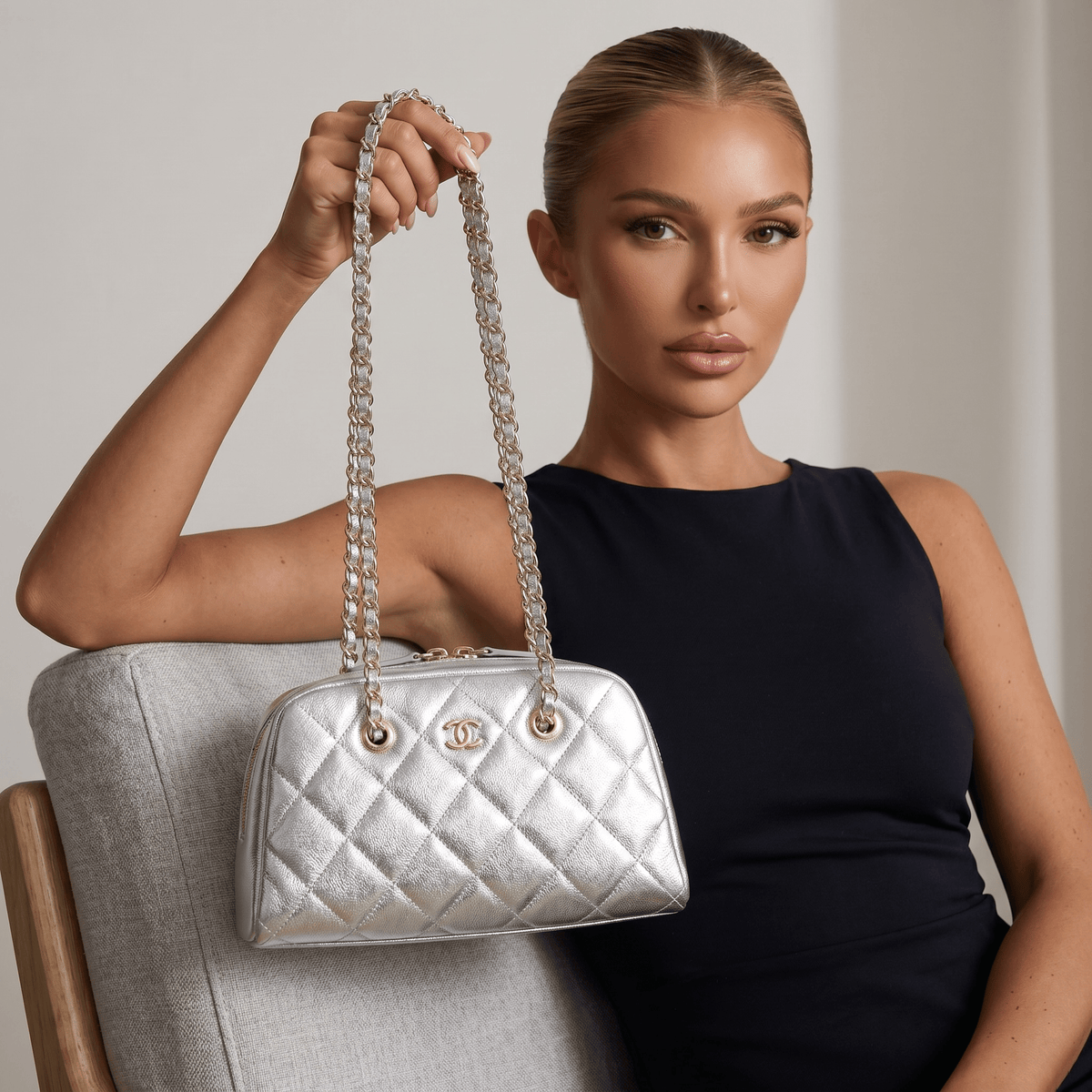 Chanel Metallic Silver Quilted Chain Bowling Bag ✨🩶