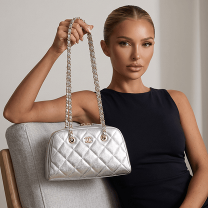 Chanel Metallic Silver Quilted Chain Bowling Bag ✨🩶