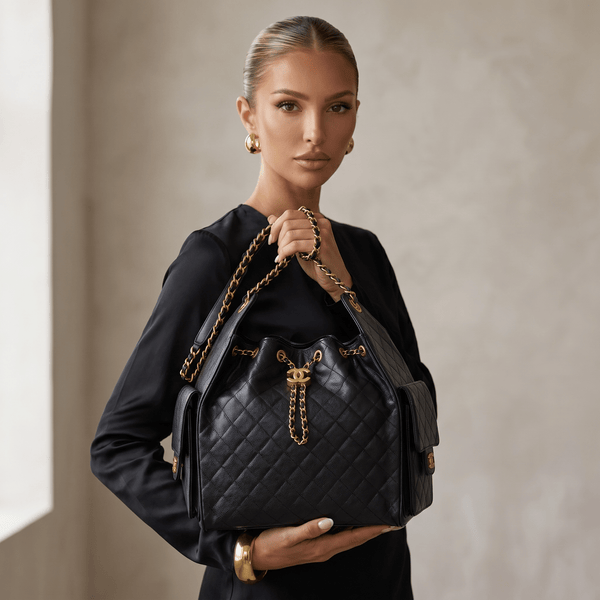 👜 Chanel Quilted Drawstring Bucket Bag – Black Caviar Leather