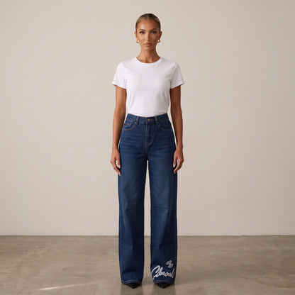 Chanel Signature Wide-Leg Denim Jeans – Blue Embroidered Logo🥥🧿