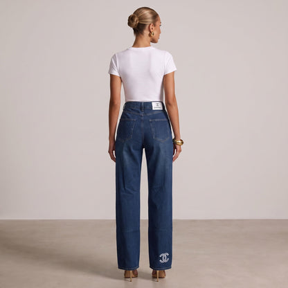 Chanel Signature Wide-Leg Denim Jeans – Blue Embroidered Logo🥥🧿