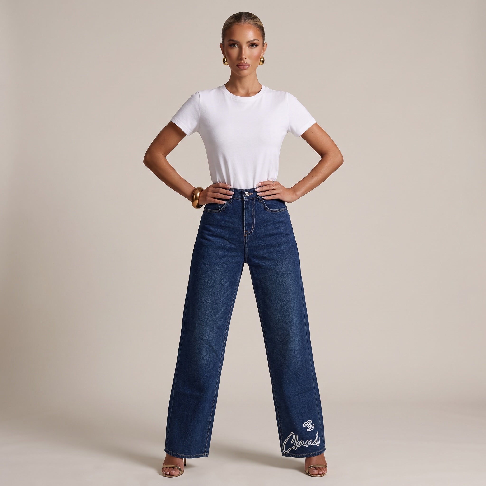 Chanel Signature Wide-Leg Denim Jeans – Blue Embroidered Logo🥥🧿