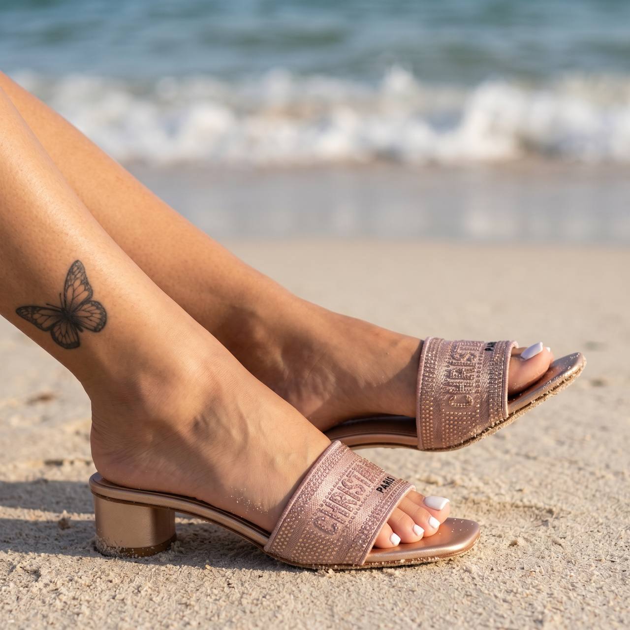 Christian Dior Dway Crystal Logo Slides – Nude Pink ✨
