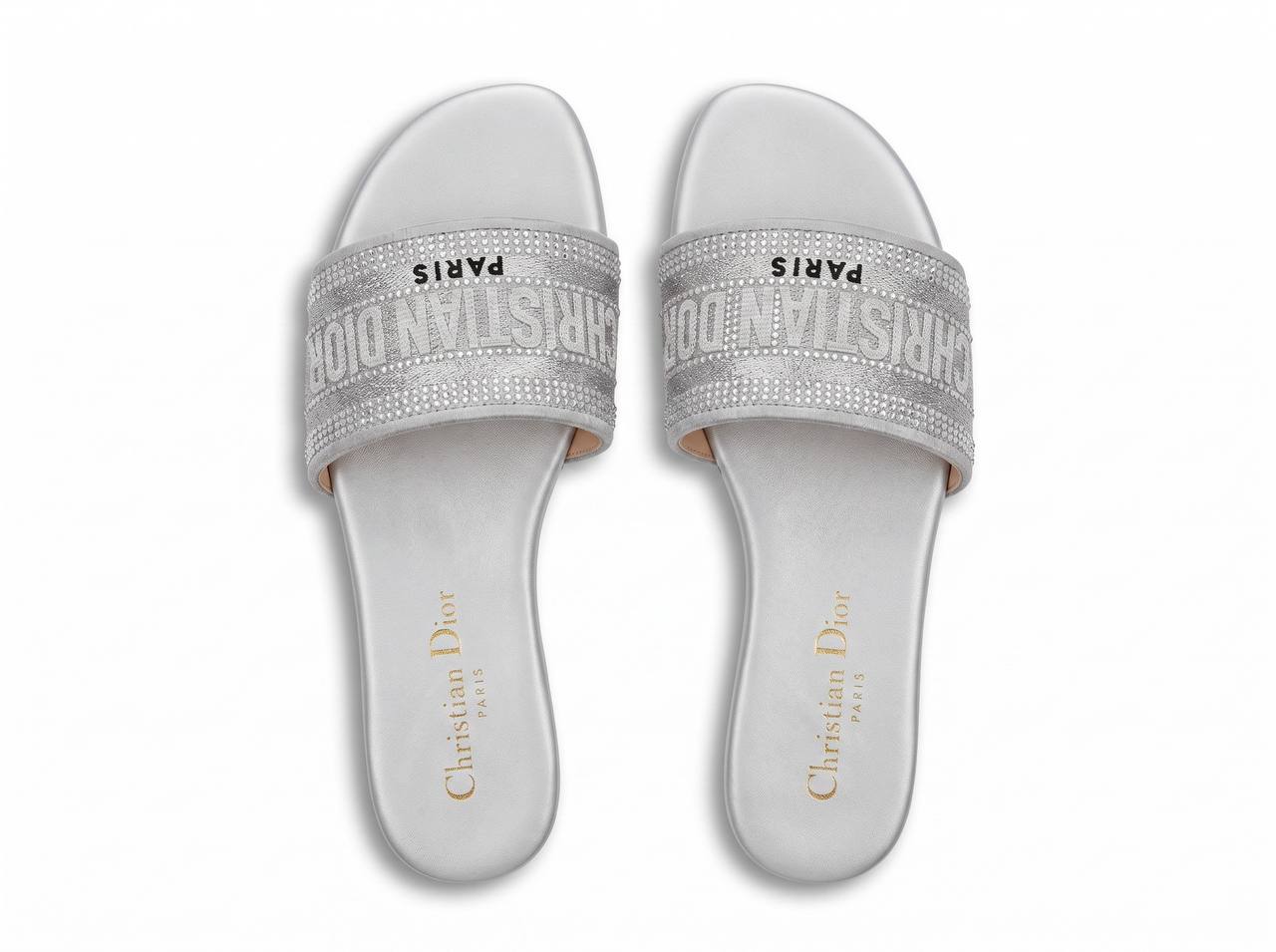 Christian Dior Dway Crystal Logo Slides – Silver Beach Edition ✨