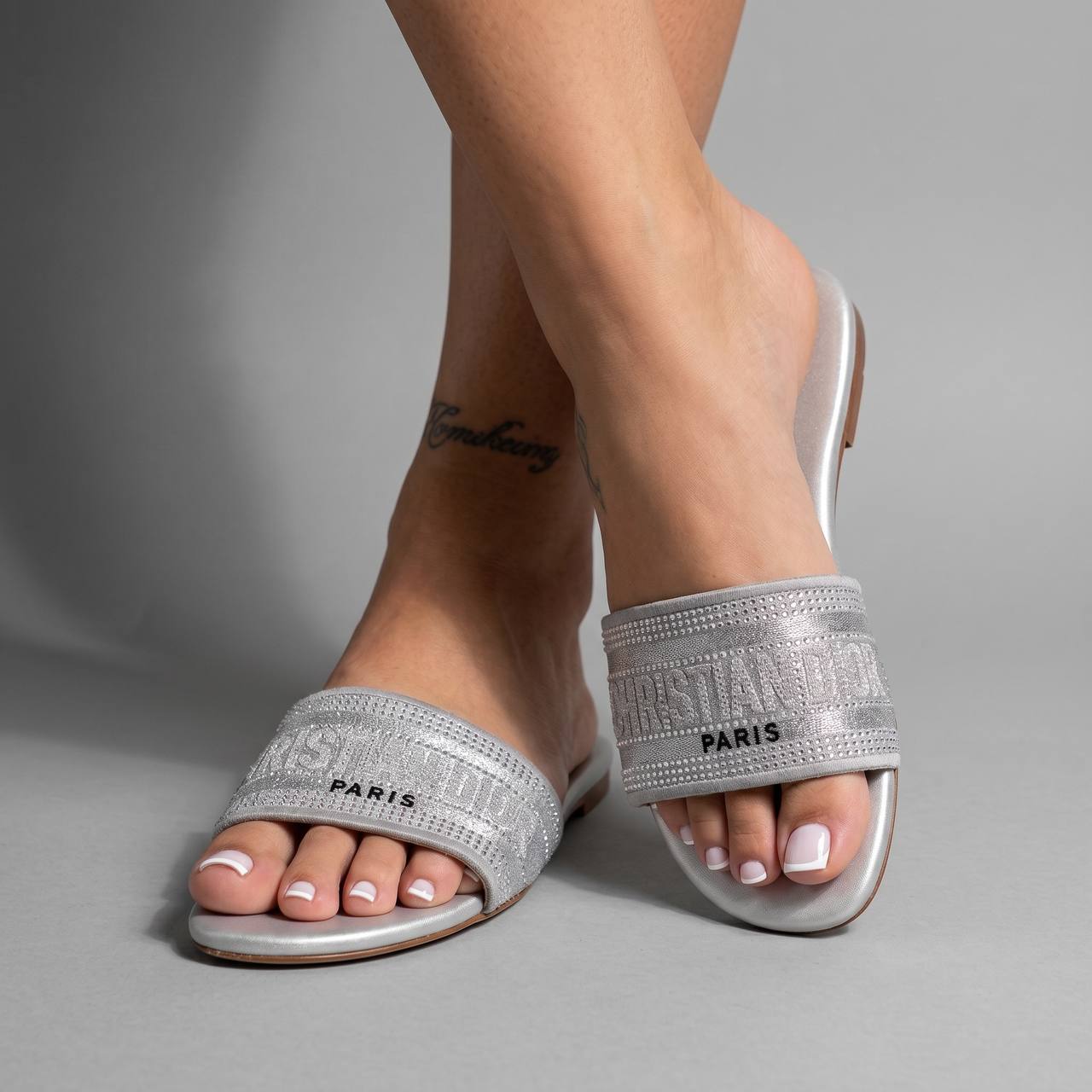 Christian Dior Dway Crystal Logo Slides – Silver Beach Edition ✨