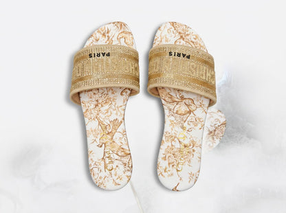 Christian Dior Dway Toile de Jouy Gold Slides ✨