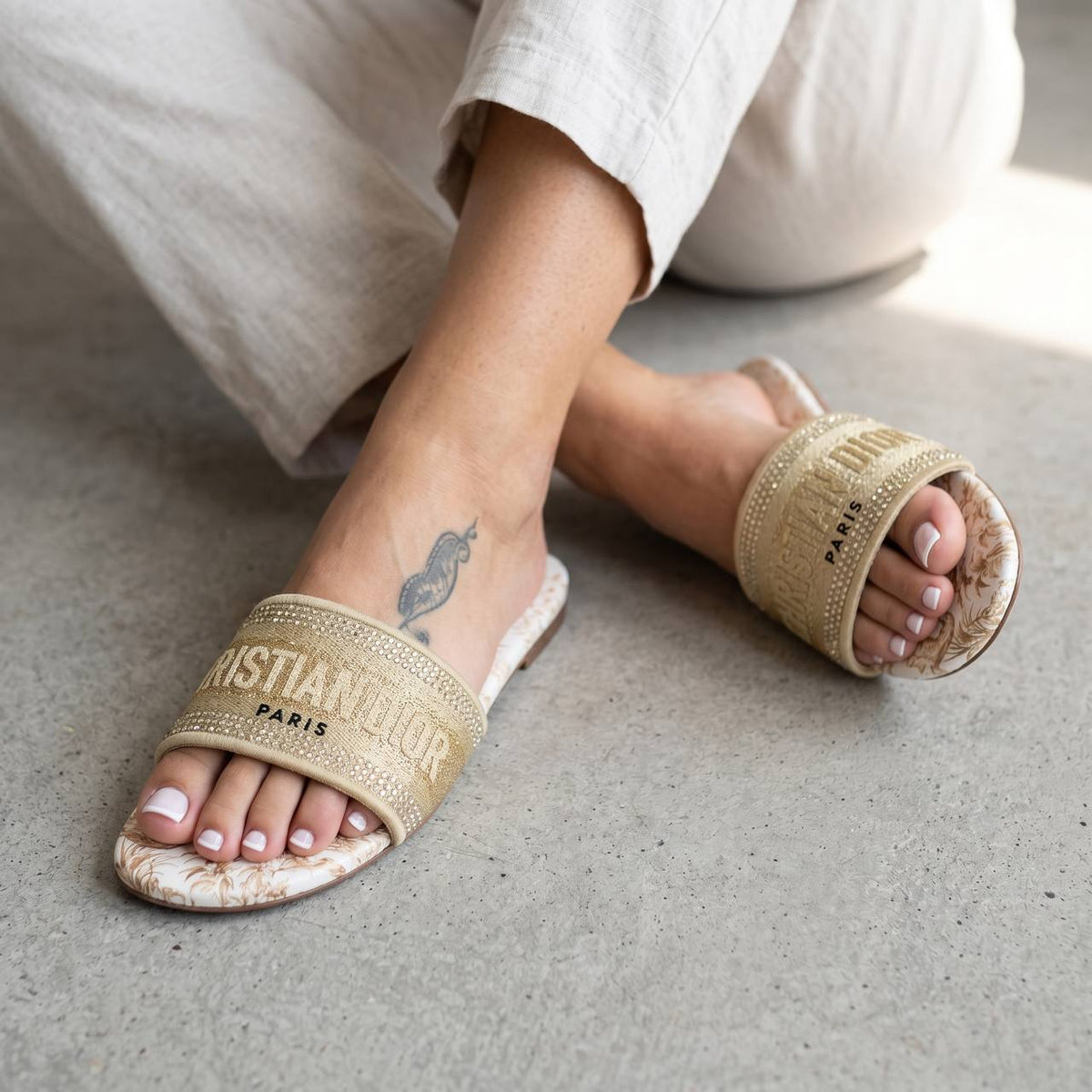 Christian Dior Dway Toile de Jouy Gold Slides ✨