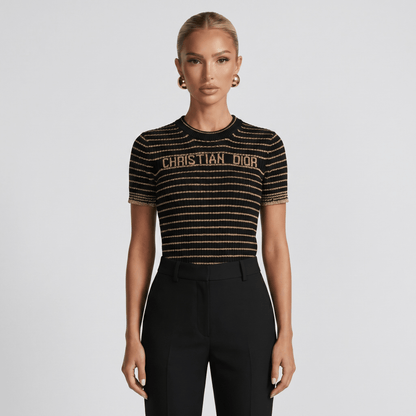 ✨ Christian Dior Metallic Stripe Knit Top – Black & Gold